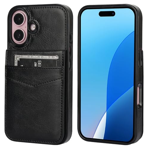KIHUWEY for iPhone 16 Wallet Case Card Holder Kickstand, Black | Credit Card Slots, PU Leather, Magnetic Clasp, Flip Heavy Duty Protection Cover for Men and Women - color: Black