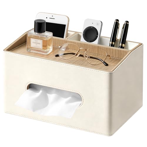 PU Leather Tissue Box Holder Rectangle,Facial Tissue Cover with Tray on Top | Multifunctional TV Remote Control Holder, Modern Desktop Organizer with Storage for Nightstand Bathroom Office Home Decor - color: White