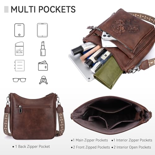 Medium Crossbody Bags for Women,Vegan Leather Hobo Purses Embossed | Women's Shoulder Handbags with Adjustable Boho Strap for Daily Travel Lightweight Cross body Purses with Multi Pockets - color: 03-coffee