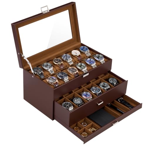 ProCase 3-Layer Watch Box with Glass Lid for Men, 24-Slot, Brown | PU Outer, Velvet Lining, Jewelry Storage Organizer with Drawer, for Straps Cufflinks Rings, Gift for Men Father Dad Husband - color: Brown, size: 24-Slot
