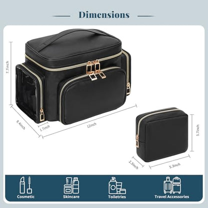 Bagmoly Makeup Bag Travel 2 Pcs Set Cosmetic Toiletry Bag, Black | Cosmetic Pouch Large Capacity with Makeup Brush Compartment, Cosmetic Travel Bag with Divider and Handle Toiletry Bag - color: 04-Leather Black, size: Large