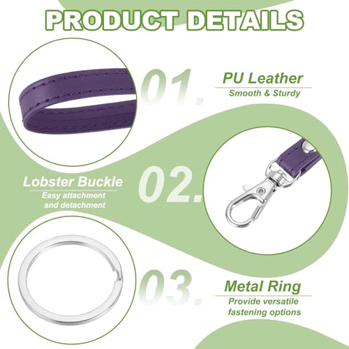 Wristlet Strap PU Leather Keychain Wristlet Lanyard Hand Strap Replacement with Rings Fit for Wallet Purse - color: Purple/Silver