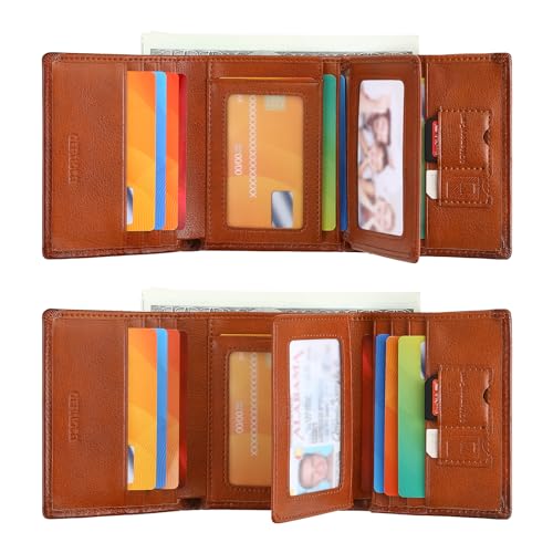 Trifold Wallets for Men Genuine Leather Large Capacity RFID Blocking, Includes Id Window and Credit Card Holder,Mens Wallets Leather (Brown) - color: Brown