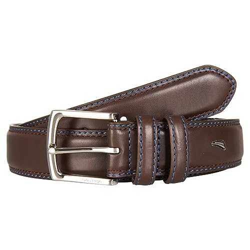 Nautica Men's Dress Leather Belt for Suits and Pants | Classic | Business | Fashion | Adjustable | Metal Buckle - color: Logo Inlay Double Keeper - Brown, size: 40 inch