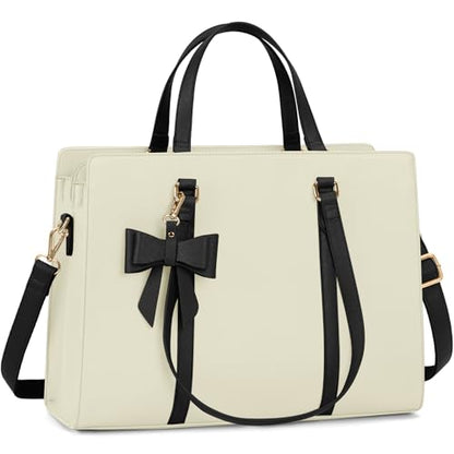 NUBILY Laptop Bag for Women 15.6 inch Leather Work Tote Bag | Waterproof Computer Bag with Bow Large Briefcase with Multi-Pockets Handbag Purse for Business Office Commuting Beige Black - color: Beige Black