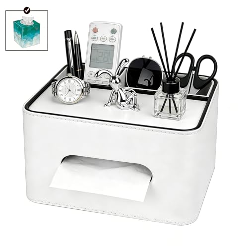 PU Leather Tissue Box Cover Square, Multifunctional Holder with Storage | Fits 120-Count (3-Ply) & 160-Count (2-Ply) Cube Tissues, Remote Control Organizer for Bedroom Desk Living Room (White) - color: White