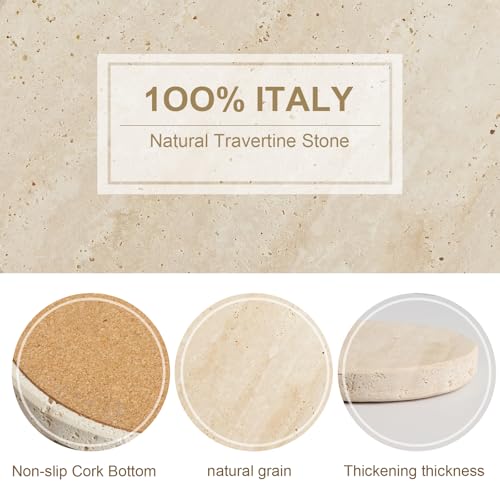 Natural Travertine Marble Coasters Set of 6-4" Round | Non-Slip Cork Backing, Festival Gifts, Wedding, Protect Tables from Stains & Scratches - size: Round 6 Pcs