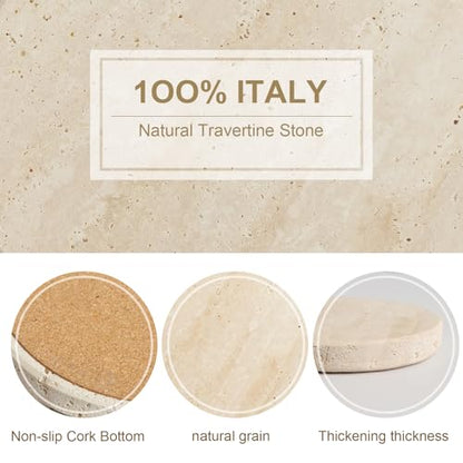 Natural Travertine Marble Coasters Set of 6-4" Round | Non-Slip Cork Backing, Festival Gifts, Wedding, Protect Tables from Stains & Scratches - size: Round 6 Pcs