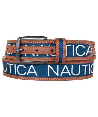 Nautica Men's Signature Leather and Canvas Belt | Ribbon Detail | Flag Design | Classic | Casual | Metal Buckle - color: Signature Logo - Navy, size: 38"