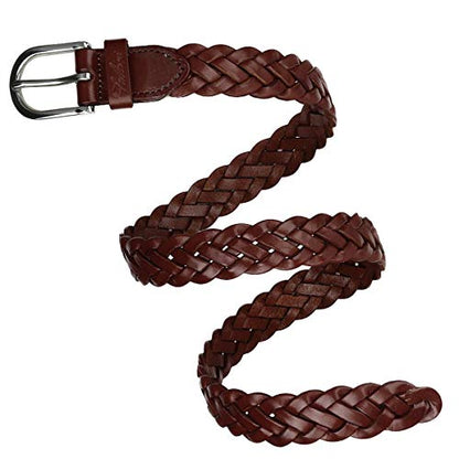 Falari Women's Leather Braided Belt Stainless Steel Buckle - color: Brown, size: L 38-40 (fit waist 36-38)