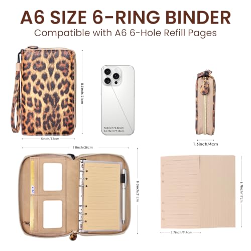 A6 Binder Zipper Budget, Planner for Travel & Study | Faux leather A6 organizer with zipper, cash pouches, lined pages, card slots and pen holder for budgeting. - color: Brown