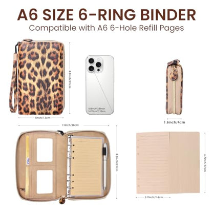 A6 Binder Zipper Budget, Planner for Travel & Study | Faux leather A6 organizer with zipper, cash pouches, lined pages, card slots and pen holder for budgeting. - color: Brown