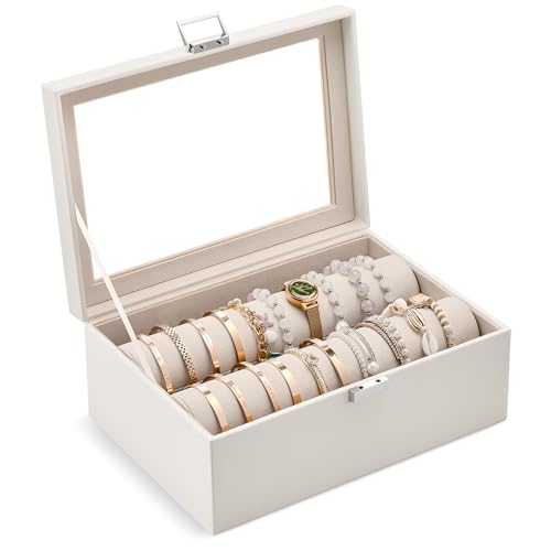 Lolalet Bracelet Display Holder with Clear Lid -Beige | Jewelry Organizer with 2 Velvet Display Rods, Perfect Storage Case for Bangles, Bracelets, and Watches, Great Gift for Her - color: Beige, size: 2 Rolls