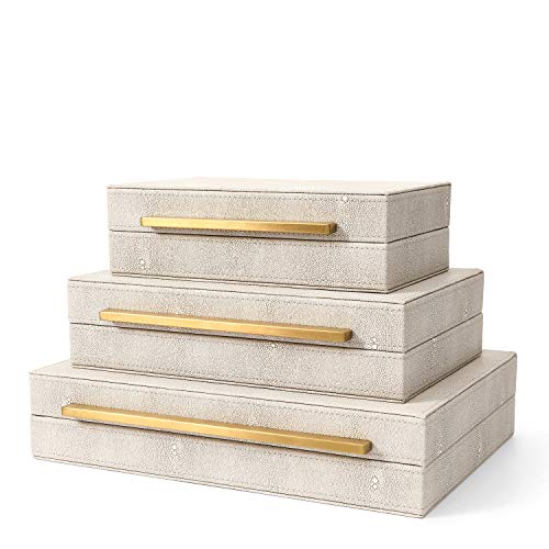 BAALTTO RUNYAO Kingflux Faux Ivory Shagreen Leather Set of 3 Pcs Decorative Boxes, Storage Boxes Jewelry Organizer, Men's Accessory Organizer (Ivory)
