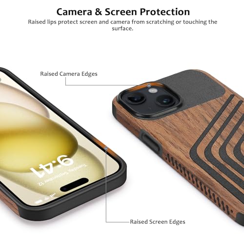 Magnetic Case Compatible with iPhone 15 Case [Compatible with MagSafe] Wood and Leather Carbon Fiber Design Hybrid Shockproof Phone Case 6.1" (Wood and Leather) - color: Wood Leather, size: iPhone 15