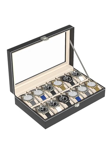 Watch Display Case For Men,Leather Watch Organizer Box,Watch Travel Organizer Tray,Watch Collection Storge Holder For Women (Black Leather, 12 Slots) - color: Black Leather, size: 12 Slots