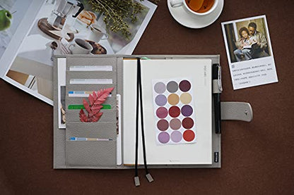 Moterm Leather A5 Planner Cover Fits Hobonichi Cousin, Stalogy & Midori MD | Original Collection (A5+), Pebbled-Gray, with Built-in Pen Loop, Card Slots and Back Pocket - color: Pebbled-gray
