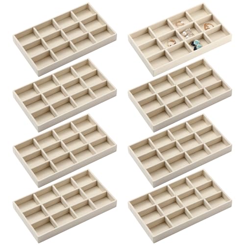 Highergo 8 Pcs Velvet Jewelry Trays Stackable Organizer,12 Grids,Beige | Ring Earring Bracelet Necklace Storage Display, Drawer Inserts for Organizing Jewelry, 8.3x4.7x1 Inch Compartment Tray - style: 12 Grids