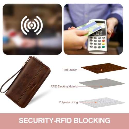 Real Leather Wristlet Wallet Women With RFID Blocking(darkcoffee) | Large capacity design,12 credit card slots,1 Inner zipper coin pocket,2 Full-length Receipt Slots,2 cash compartments - color: a9-darkcoffee