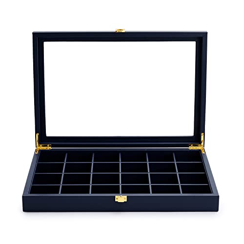 Oirlv Premium Blue Leather 24 Grid Jewelry Tray with Transparent Lid Earrings Rings Organizer Box Stackable Jewelry Box Drawer Inserts Women Gift - color: Blue, size: 24 Grid