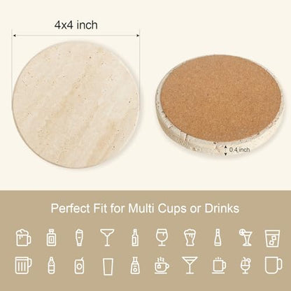 Natural Travertine Marble Coasters Set of 6-4" Round | Non-Slip Cork Backing, Festival Gifts, Wedding, Protect Tables from Stains & Scratches - size: Round 6 Pcs