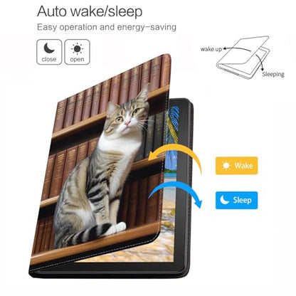 Case for Samsung Galaxy Tab S10 Lite/ S10 FE/ S9 FE 5G 10.9 Inch/ S9 11 Inch, Adjustable Stand Auto Wake/Sleep Smart Leather Cover, Cat On Bookshelf - color: Cat On Bookshelf