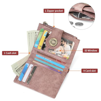 SENDEFN Small Wallets for Women Bifold RFID Blocking Leather Card Holder Compact Wallet with Zipper Coin Pocket - color: A-Pink