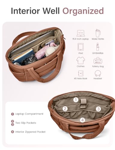 Uselike Tote Bag for Women with Zipper, Quilted Puffer Tote Bag with Compartments, Lightweight Puffy Work Bags for Women - color: Pecan Brown