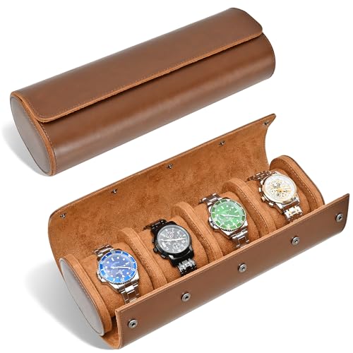Watch Roll Travel Case for Men and Women - 4 Watch Storage and Organizer | Secure Storage with Innovative Removable Pillows & Solid Dividers for Home, Travel and Display(Brown-4 Slot) - color: Brown-4