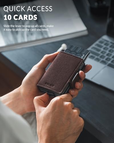 VULKIT Credit Card Holder RFID Blocking Leather Automatic Pop Up Wallet Magnetic Wallet Double Card Case for Men and Women - color: Alcantara Brown