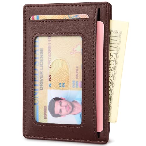 Travelambo 100% Genuine Leather Wallet for Men and Women, Slim Minimalist RFID Blocking Front Pocket Credit Card Holder with Gift Box(Brown 01) - color: Texas Brown 01