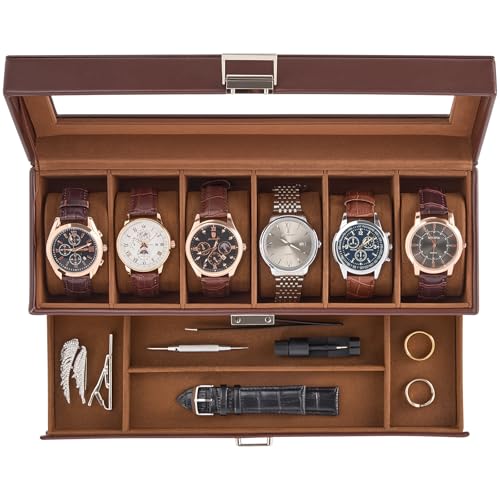 ProCase Watch Case, 6 Slot Mens Watch Box with Drawer -Espresso | 2-Layer Jewelry Box Display Case Holder Organizer for Men, Clear Lid, Dad Friend Father Anniversary Christmas Birthday Gift - color: Espresso, size: 6-Slot