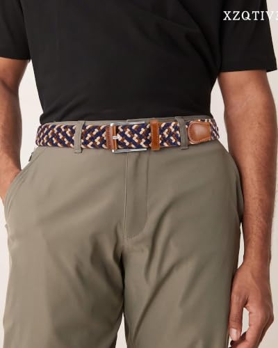 XZQTIVE Braided Stretch Belt Mens Gift Elastic Woven Belt for Golf Casual Pants Shirts Jeans - color: Beige Brown Blue, size: Fit Waist 33-38in