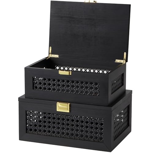 2PCS Decorative Rattan Storage Box Basket with Lid Wooden Frame | Solid Wood Woven Wicker Bins, Jewelry Keepsake Container, Boho Decor, Desk Shelf Closet Organizer, Black, Small & Large - color: Black, size: Set of 2 (1 Large 1 Small)