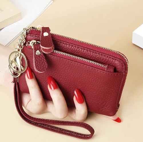 Women Genuine Real Leather Coin Purse with Hand Strap. 3 Zipper Small Wallet Wristlet with 3 credit cards slots Holder - Burgundy - color: #04 Burgundy