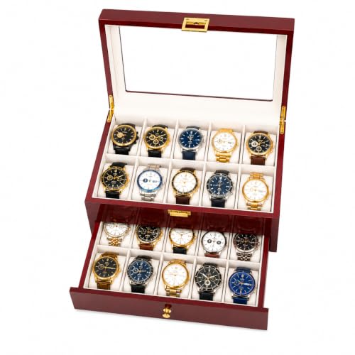 High End 20 Slot Rosewood Watch Box for Men, 2 Tier Watch Organizer with Glass Display Lid, Velvet Lined Watch Case Storage for Up to 45mm Watches, Luxury Watch Holder Gift for Collectors - size: 20 Slots
