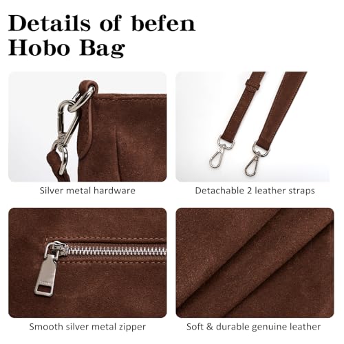 befen Soft Genuine Leather Hobo Bags Purse for Women Crossbody Shoulder Bag | Real Leather, Slouchy Shoulder Bag, 2 Detachable Shoulder Straps, Multi Pockets - color: Suede Hobo Coffee