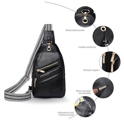 Sling Bag Set, PU Leather Sling Bag, Multi-Zipper Design for Travel, Outdoors, Valentine’s Day Gifts - color: 002-black