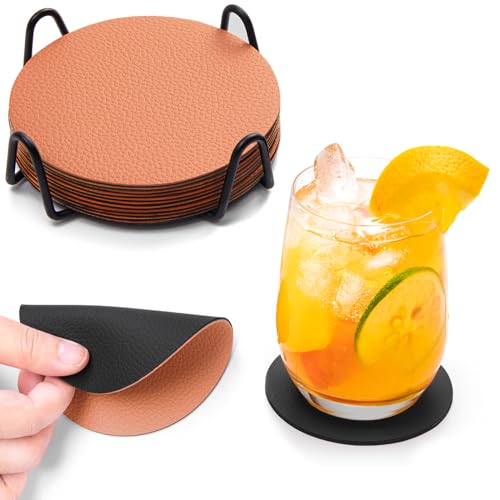 Faux Leather Drink Coasters with Holder, Dual Sided Sets of 12 | 4 Inch Non-Slip Washable Coasters for Coffee Table, Tabletop Protection for Hot & Cold Drinks Kinds of Cups (Black Brown) - color: Black Brown