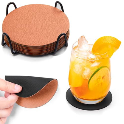 Faux Leather Drink Coasters with Holder, Dual Sided Sets of 12 | 4 Inch Non-Slip Washable Coasters for Coffee Table, Tabletop Protection for Hot & Cold Drinks Kinds of Cups (Black Brown) - color: Black Brown