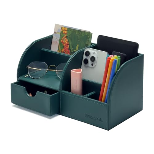 UnionBasic Desk Organizer - Multifunctional Leather Desktop Pen Holder Storage Box - Business Card/Pen/Pencil/Mobile Phone/Stationery Holder, Vintage Green - color: Blackish Green
