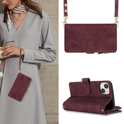 iCoverCase Compatible with iPhone 15 Crossbody Case with Strap, Wallet Phone Case Card Holder [Not Detachable] PU Leather Kickstand Zipper Lanyard Case 6.1" (Claret) - color: Claret, size: for 15 6.1 inch