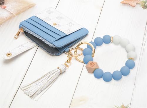 COOLANS Silicone Bracelet Wristlet Wallet Credit Card Holder RFID ID Window Key Ring Tassel Slim Wallet Women Keychain Purse - color: 블루 & 화이트 실리콘 비즈 팔찌+카드 지갑