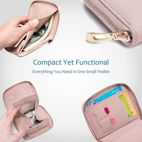 RFID Blocking Small Wallet for Women, Cute and Zip Around | Mini Genuine Leather Wallet with Coin Pocket & Card Slots, Compact Gift Wallet for Women and Everyday Carry (Blush Pink) - color: Blush Pink