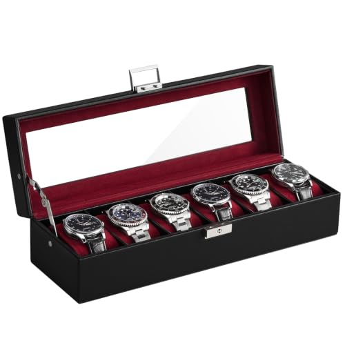 ProCase 6 Slots Watch Case Box for Men -Winered | PU Leather Man Watch Organizer, Soft Pillow, Lockable Glass Display Lid, Storage Holder for Watch Collection - color: Winered, size: 6-Slot