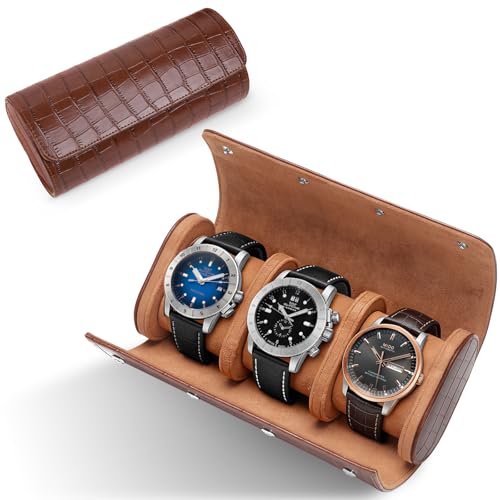 PU Leather Watch Roll Case Organizer-Secure Storage with Removable Pillows & Solid Dividers, Portable Men's Watch Display Case for Home, Travel, and Anniversary Birthday (Brown-3 Slot) - size: Brown-3 Slot
