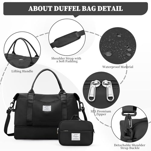 Weekender Bags for Women, Carry-On Overnight Travel Duffel Bag | Travel Bag with Shoes Compartment & Toiletry Bag, Extra Large - color: Black, size: Extra Large