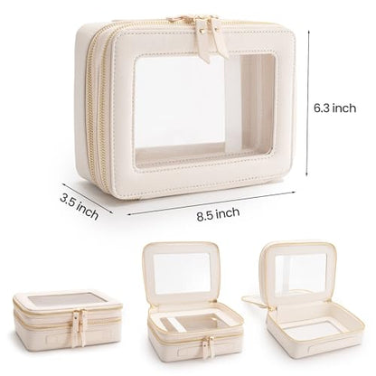 Aveniee Large Clear Makeup Bags, Double Layer Cosmetic Bags with Separate Brush Compartment, Travel Toiletry Bag Cosmetic Train Case, Travel Accessories Organizer for Women(2 Layers, White) - color: Off-White, style: Dual Layer