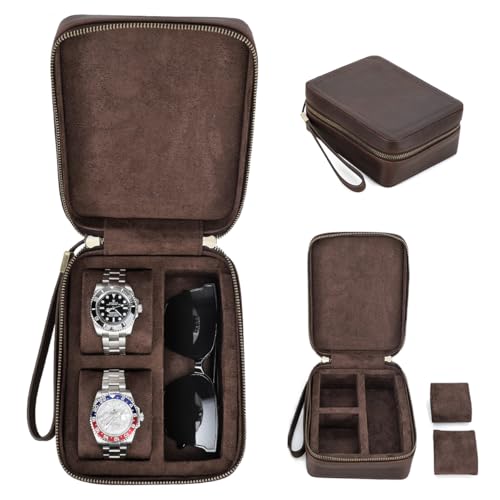 CONTACTS Full Grain Leather Watch and Glasses Case for Men Travel Jewelry Organizer for 2 Watches and Watch Straps or 1 Sunglasses Holder - size: Rectangular- for Watch&Glasses