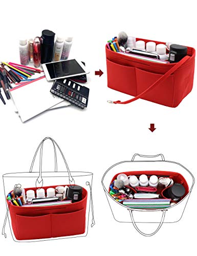 LEXSION Felt Purse Organizer Insert Zipper Pocket with Two Removeable Bottle Holder - color: Red, size: X-Large